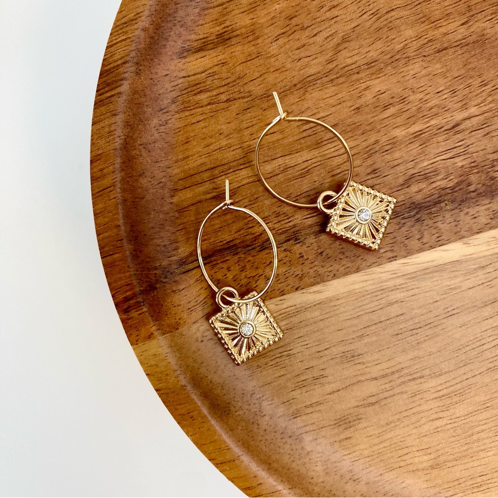 4/$15 Gold Dainty Hoops Square Starburst Drop Earrings